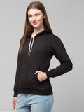 Trendy black fleece full sleeve zipper jacket for women, solid design with oversized rabbit motif, perfect for transitional seasons