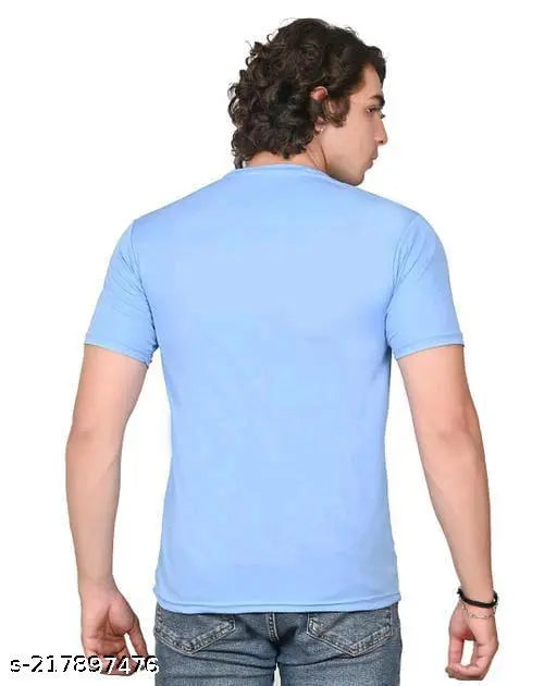 Sky blue polyester half sleeves men's trendy t-shirt, comfortable fit with round neck, suitable for various occasions, made in India