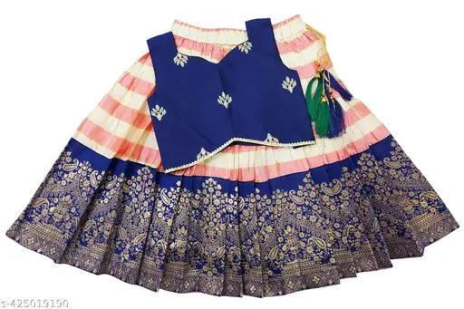 Traditional art silk Pattu Pavadai Lehenga Choli for kids, embroidered and zari-stitched, perfect for special occasions. Jacquard design, stitched net with inner lining for comfort. Available in various sizes from 6-8 years old, country of origin: India
