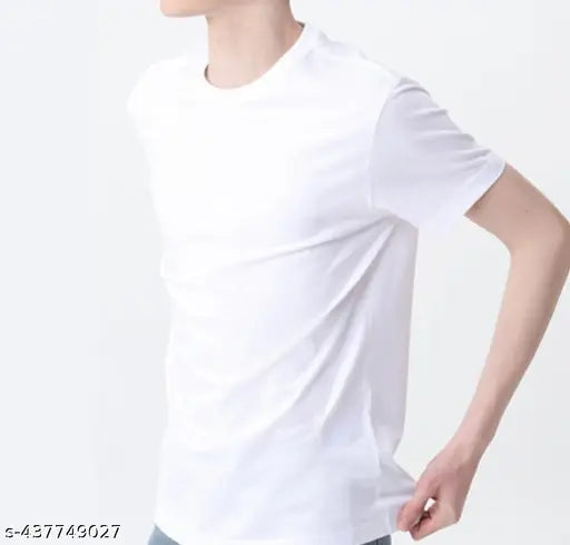Mens cotton round neck half sleeve plain white t-shirt - regular fit, India origin