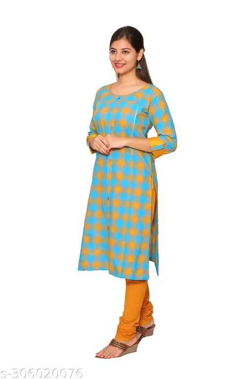 Blue mustard pure cotton checked pregnancy kurti with zipper, suitable for feeding and motherhood, available in sizes S-XXXL (Bust 36in x Length 42in). Made in India