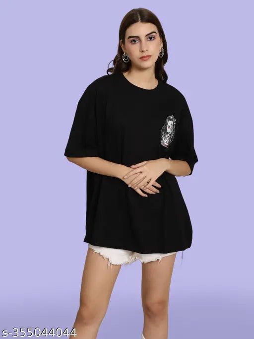 Black cotton oversize printed womens tshirt with short sleeves, ultra-soft and breathable