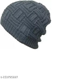 Woolen beanie cap, self-design, grey, handmade woolen accessory from India