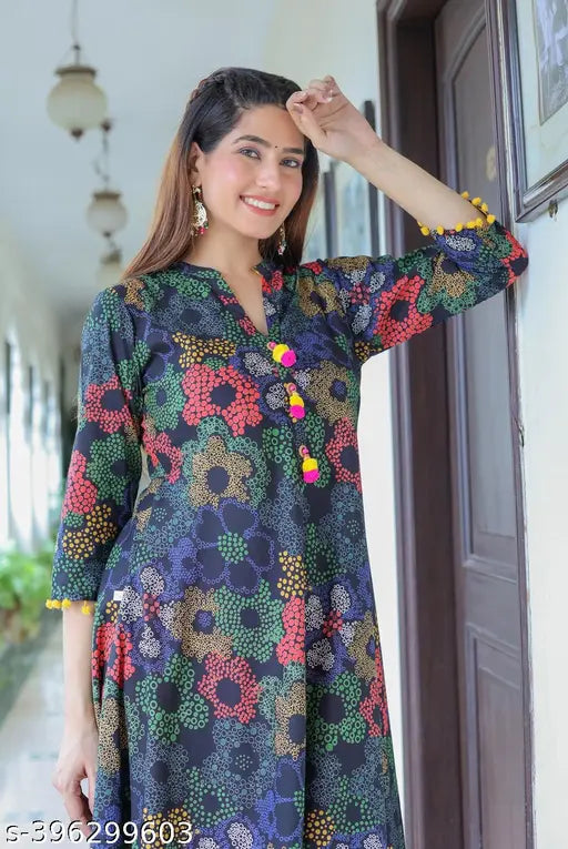 Black cotton three-quarter sleeve floral mandarin kurti, Indian printed women's fashion on mannequin