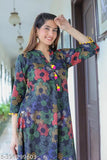 Black cotton three-quarter sleeve floral mandarin kurti, Indian printed women's fashion on mannequin