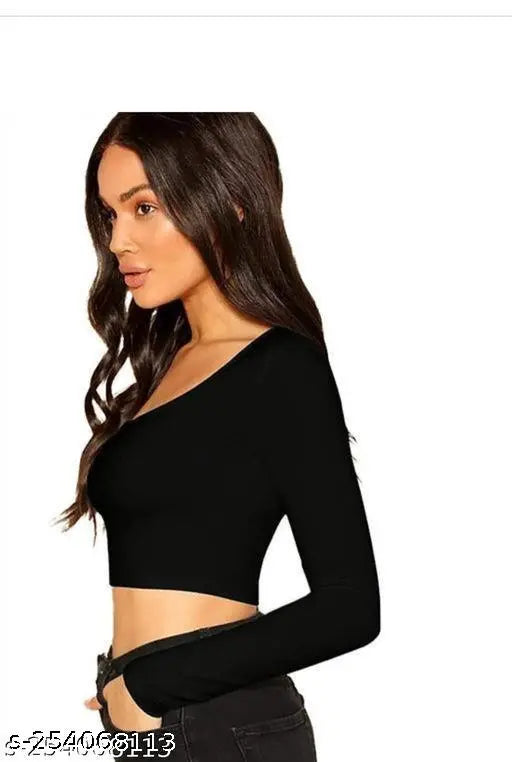 Solid black cotton blend long-sleeve crop top, perfect for various occasions