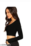Solid black cotton blend long-sleeve crop top, perfect for various occasions