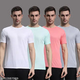InkTees Men's Pink Solid Round Polyester T-shirts (Pack of 4), available in S, M, L, XL, XXL sizes. Comfortable and soft to wear, made in India
