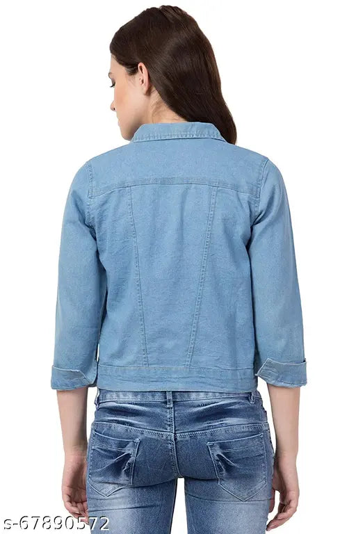 Women's Denim Monkey Wash Jacket, three-quarter sleeves, solid pattern, denim fabric, India