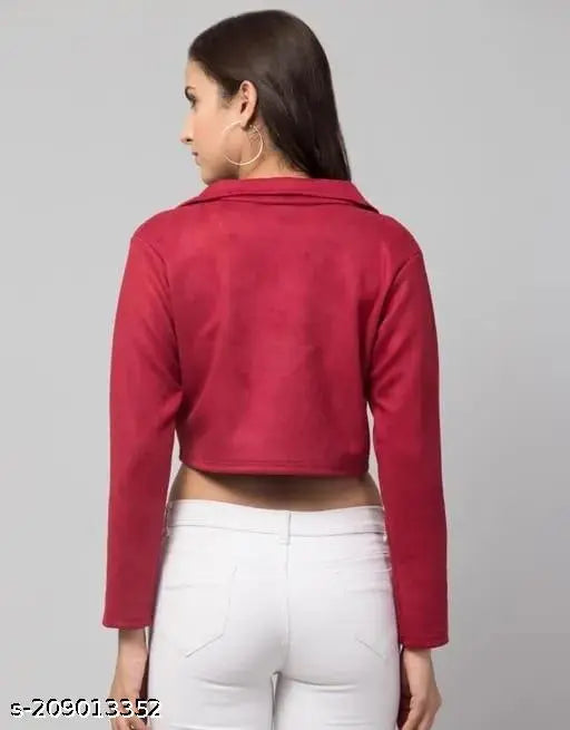 Solid Suede Double-Breasted Casual Jacket for Women, XS (33in bust, 17in length), India origin