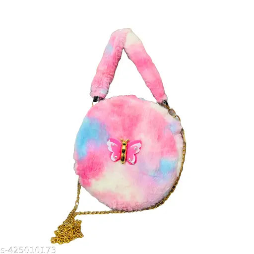 Cute fur sling bag for girls, color-block fabric handbag with single compartment. Bright and compact accessory, ideal for kids