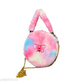 Cute fur sling bag for girls, color-block fabric handbag with single compartment. Bright and compact accessory, ideal for kids
