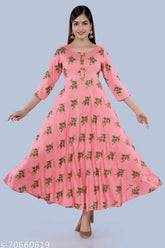 Rayon printed anarkali with three-quarter sleeves, vibrant Indian traditional outfit