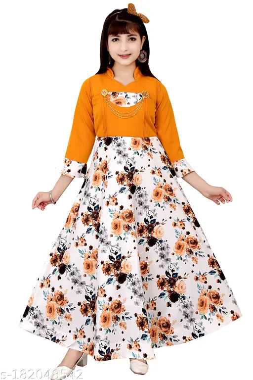 Cotton blend printed net girls frock gown dresses, three-quarter sleeves, AJIZA Garments, India