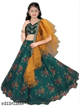 Semi-Stitched ethnic wear embroidered lehenga, choli & dupatta set in net fabric for girls aged 9-14 years, India origin
