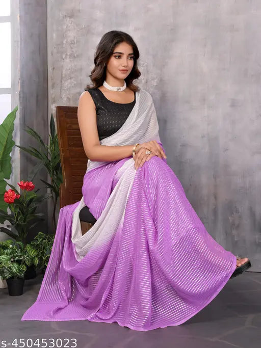 Lavender Georgette Ready-to-Wear Saree with Zari weaving, free size, India