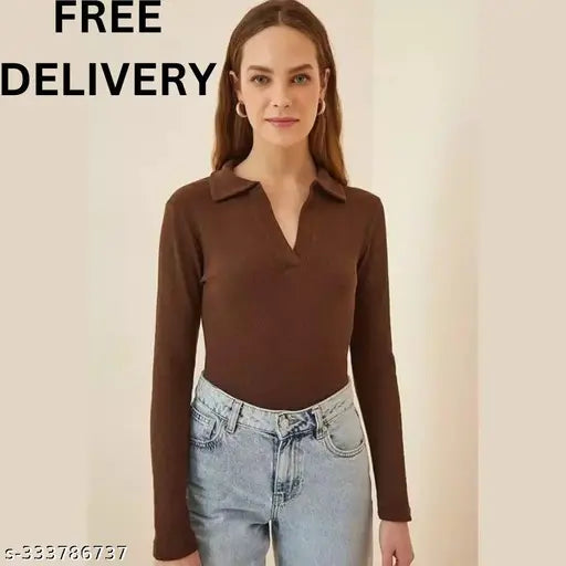 Stylish Lycra ribbed net collar top, long sleeves, classic polo neck crop top XS-L, India-made clothing on mannequin