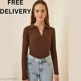 Stylish Lycra ribbed net collar top, long sleeves, classic polo neck crop top XS-L, India-made clothing on mannequin