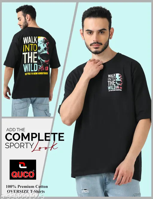 Oversized drop shoulder cotton t-shirt for men - Quco printed, three-quarter sleeves, India origin