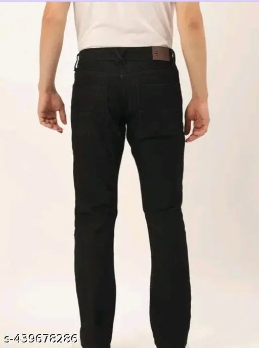 Black denim men's jeans, regular fit, solid pattern, comfortable blend of cotton and elastane for daily wear