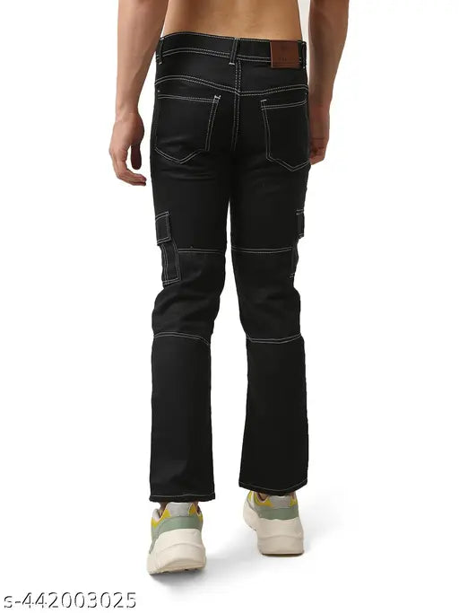 Cotton blend solid net cargo d jeans, comfortable and stretchable with double-stitched hems, pockets, and side seams. Available in sizes 28, 30, 32, 34, and 36. Made in India