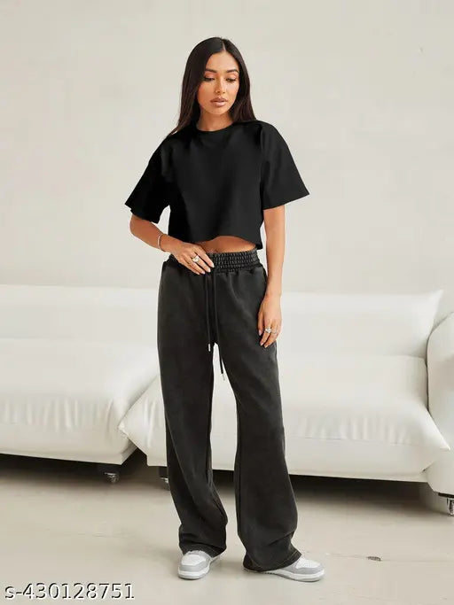 Black cotton crop top, loose-fit summer tee with drop-down shoulders and round neck, suitable for women and girls