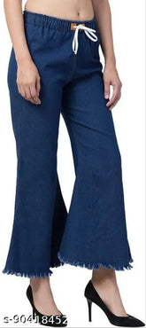 Exclusive blue flared denim jogger jeans for girls & women, studded net detail, elastic, drawstring, breathable, eco-friendly, anti-shrink, India origin