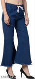 Exclusive blue flared denim jogger jeans for girls & women, studded net detail, elastic, drawstring, breathable, eco-friendly, anti-shrink, India origin