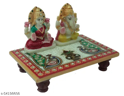 Handmade marble Anticia Chowki with Laxmi Ganesh figurines, 15cm x 10cm x 5cm, perfect for puja or gift items
