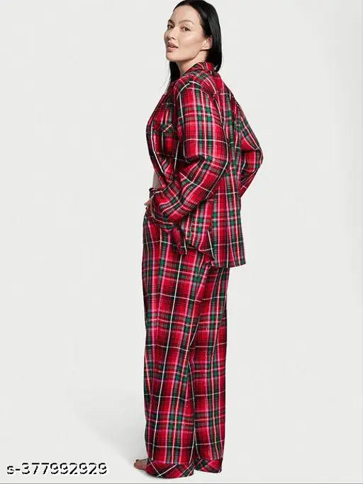 Cotton flannel set, long-sleeve matching pajamas for women, various sizes available (S-4XL), made in India