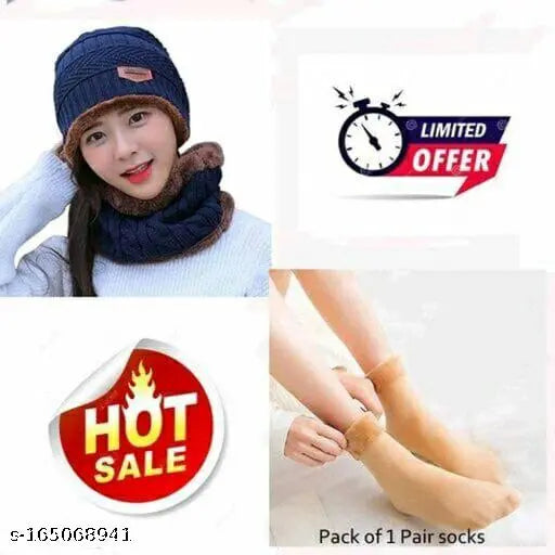 Woolen combo: Velvet touch socks, fur-lined balaclava cap set (girls' size), cozy and comfortable for both men & women