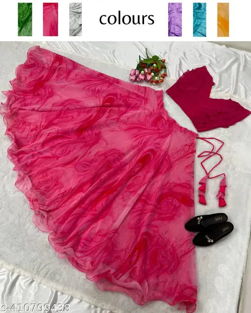 kids trendy georgette lengha choli with digital flower print, three-quarter sleeves, fully stitched top & bottom, vibrant fashion for young girls aged 3-8 years