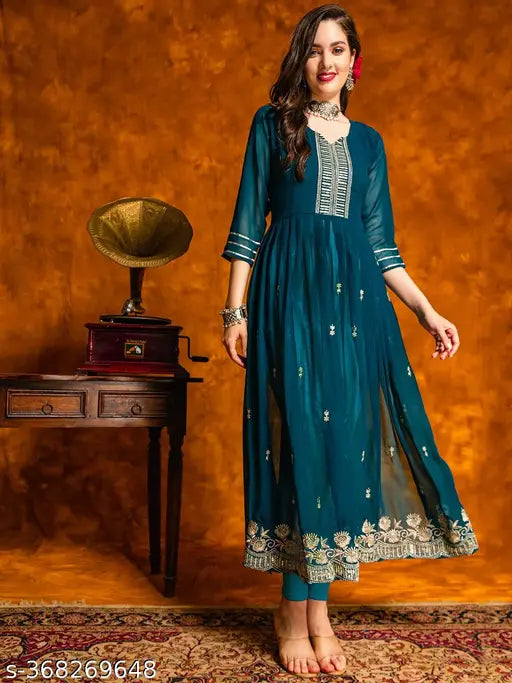 Teal Georgette embroidered naira cut Kurta, traditional design with modern style, three-quarter sleeves