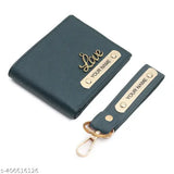 Customized men's faux leather wallet & keychain combo, 5 compartments, solid net design. Close-up image of personalized accessory on table. Made in India