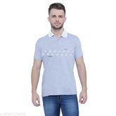 Blue cotton blend men's graphic tee with contrast collar, short sleeves, stylish & trendy design, ethically sourced materials from India