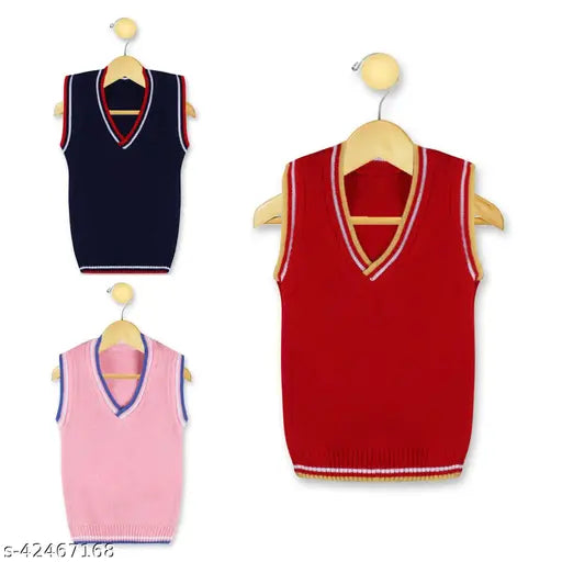 Multicolor acrylic sweaters pack of 3, cozy & fun children's vests for winter wardrobe. Breathable, suitable for everyday wear in various sizes (0-6M - 18-24M). Made in India