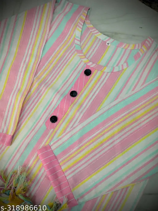 Striped three-quarter sleeve cotton kurti for women, lightweight and breathable, available in M, L, XXL, XXXL sizes, made in India