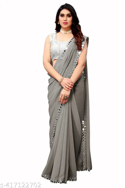 Handmade Georgette cut work saree with Aari work, solid blouse, free size, Indian origin