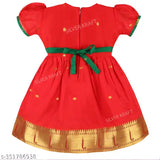 Silver Kraft baby girls Chanderi silk printed frock dress, short sleeves, knee-length, 0-3 Months to 5-6 Years, red silk saree with golden border and gold embroidery (Indian craftsmanship)