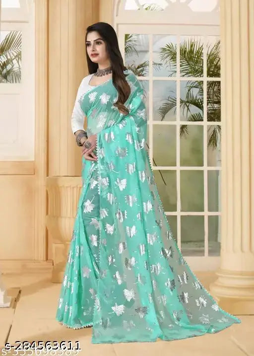 Copper Foil Printed Georgette Saree with Satin Silk Blouse, India