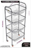 Stainless steel 4-shelf fruit & veg trolley, 360 rotational wheels, kitchen storage solution