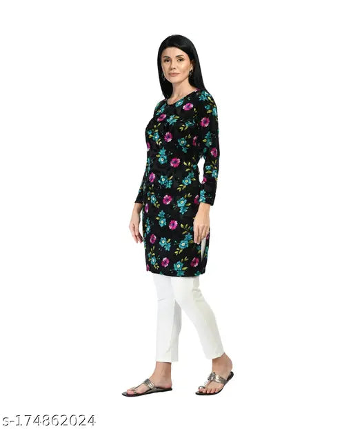 IndiWeaves women's digital printed velvet three-quarter sleeve kurti for winters (M: 36x36, L: 38x38, XL: 40x39, XXL: 42x40) - vibrant floral print, versatile winter wear