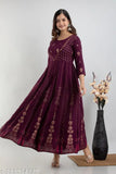 Purple rayon embroidered Anarkali kurta, three-quarter sleeves, ftDiva print design for traditional festive parties