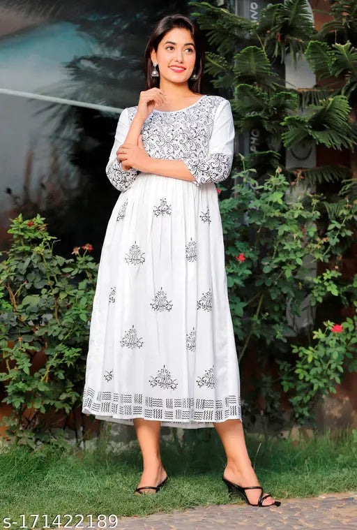 Rayon anarkali kurti with hand-block print embroidery, three-quarter sleeves for women, India origin