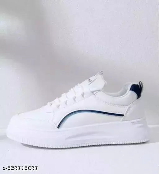 Synthetic white casual sneakers for men and women, durable and comfortable acrylonitrile and EVA shoes with lace-up fastening, Lovina quality footwear design in India