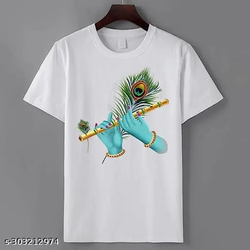 Krishna flute printed t-shirt, polycotton short sleeves, Indian traditional design (S: 36in x 24in)