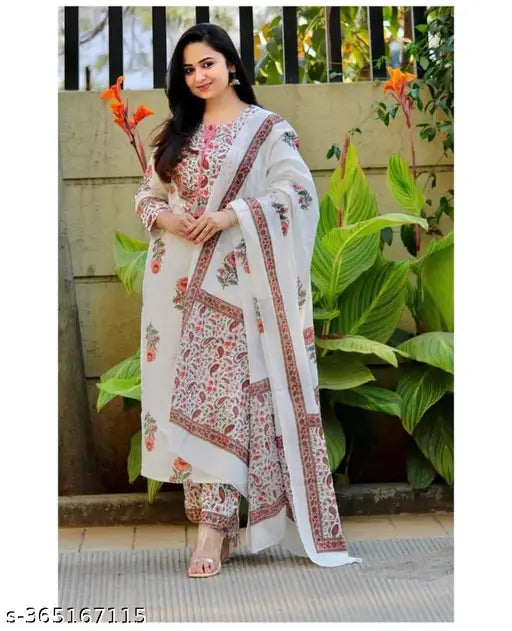 Viscose Chanderi cotton floral printed straight kurta set with dupatta and bottomwear on mannequin