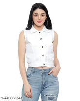 White sleeveless denim jacket for women, solid design from India