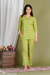 Floral print cotton coord set for women, nightwear top and bottom - Twigs & Tangerine design on comfortable cotton