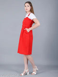 Red striped cotton western dungaree dress, belt included, best for beach travel & casual wear